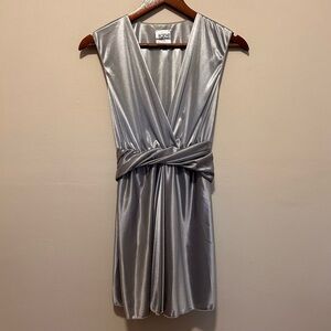 Rozae Nichols Silver Metallic Mini Dress M | Sleeveless Tie Waist | Vintage Y2K
